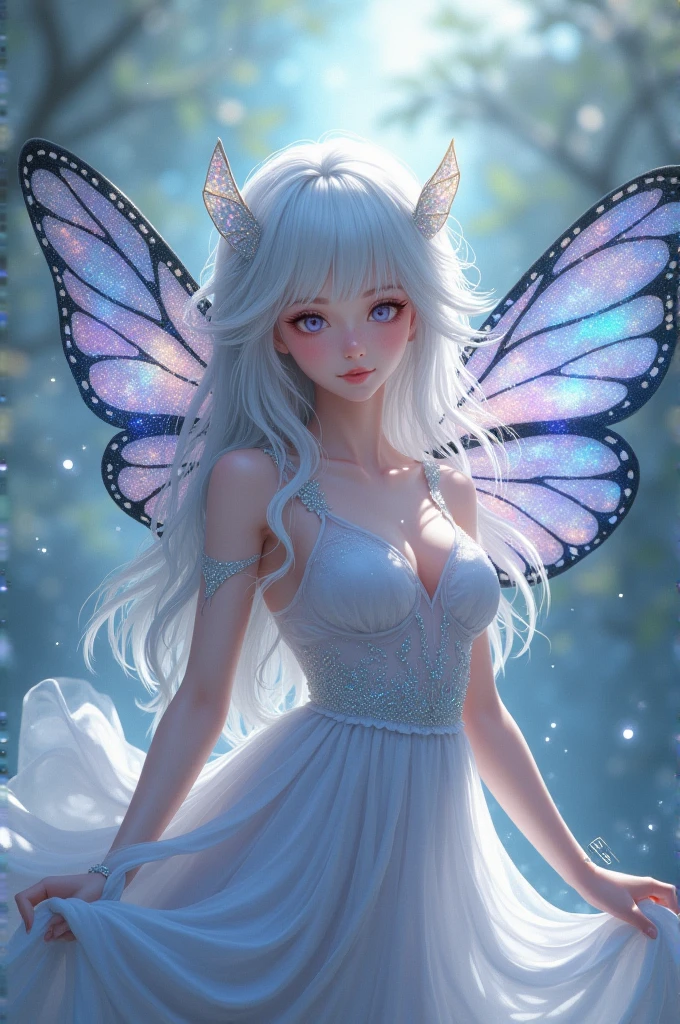 anime style, short hair moth fairy female, humanoid appearance, iridescent white hair, iridescent white skin and white wings with iridescent black
