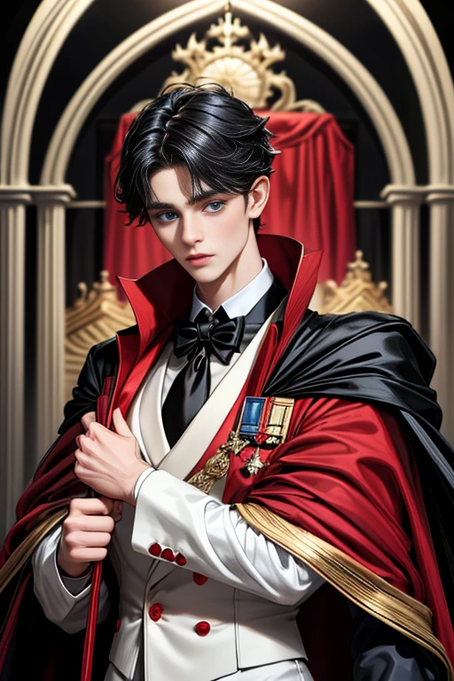 masterpiece, 最high quality, high quality, 1 boy, alone, Male focus, Upper Body,Watching the audience, Messy black hair, Adorable big blue eyes, White, Noble, Noble,A black and red cape that is bursting with sexy volume、Tuxedo、A very voluminous, large, very large, very large, long, long red and black cape with a high stand-up collar, made of a lot of fabric that reaches down to the floor., ,cute beautiful,Cute, cute, kind, handsome guy