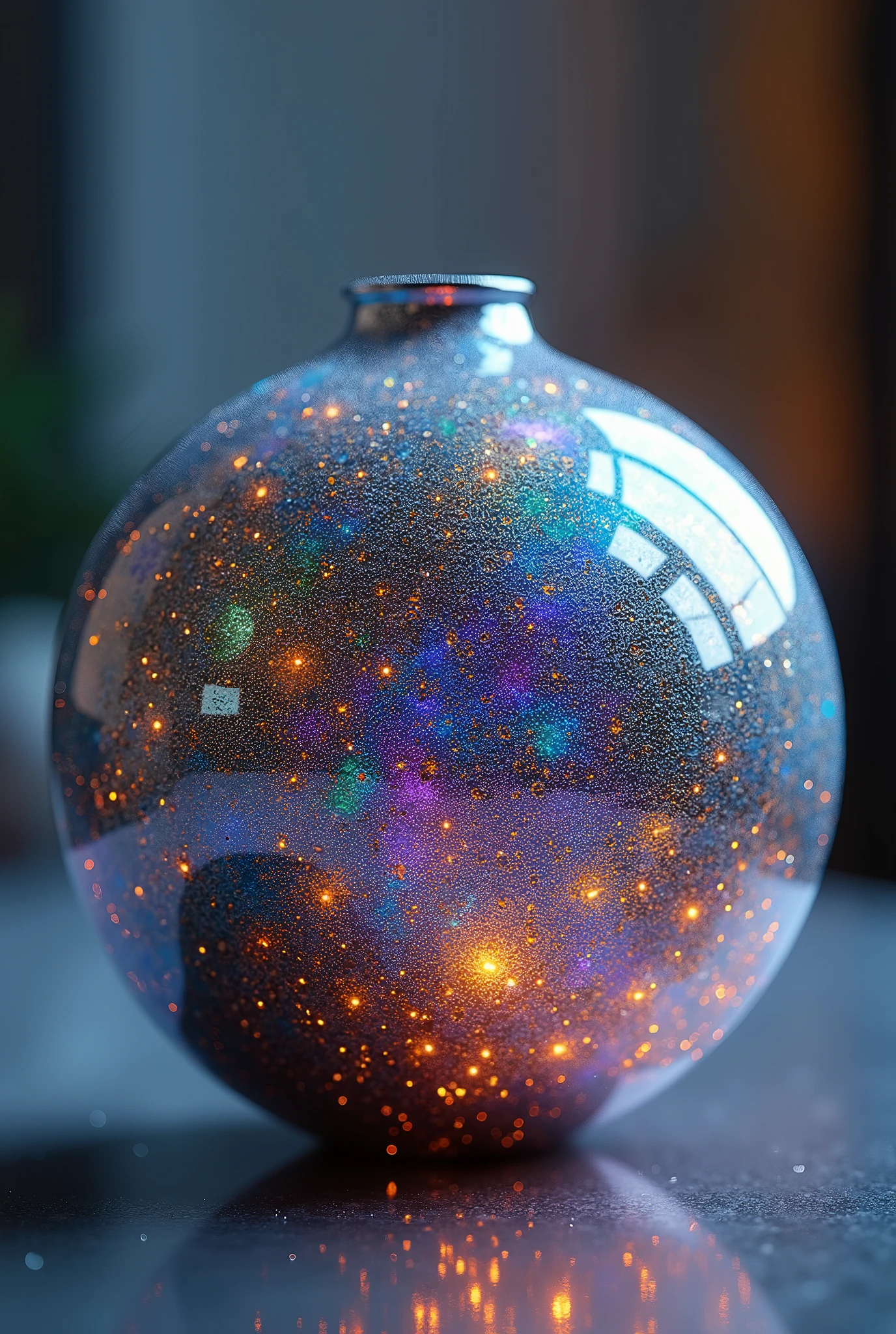 A highly realistic art ceramic piece, showcasing intricate and beautiful patterns. The surface is adorned with iridescent colors that shift and shimmer in the light, creating a mesmerizing effect. The ceramic has a glossy, polished finish, with reflections that highlight the exquisite details. The colors appear to dance across the surface, changing hues as the angle of light shifts, giving the piece a dynamic and vibrant quality. The overall effect is both elegant and captivating, with a sense of otherworldly beauty.