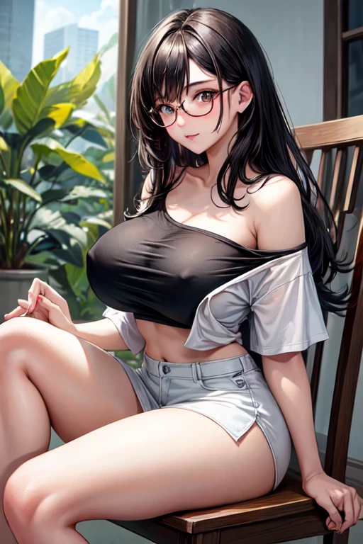 ((best quality)), ((masterpiece)), (detailed), 1girl, off-shoulder t-shirt, big boobs , black hair, cute face, glasses, sitting on the chair, white t-shirt 