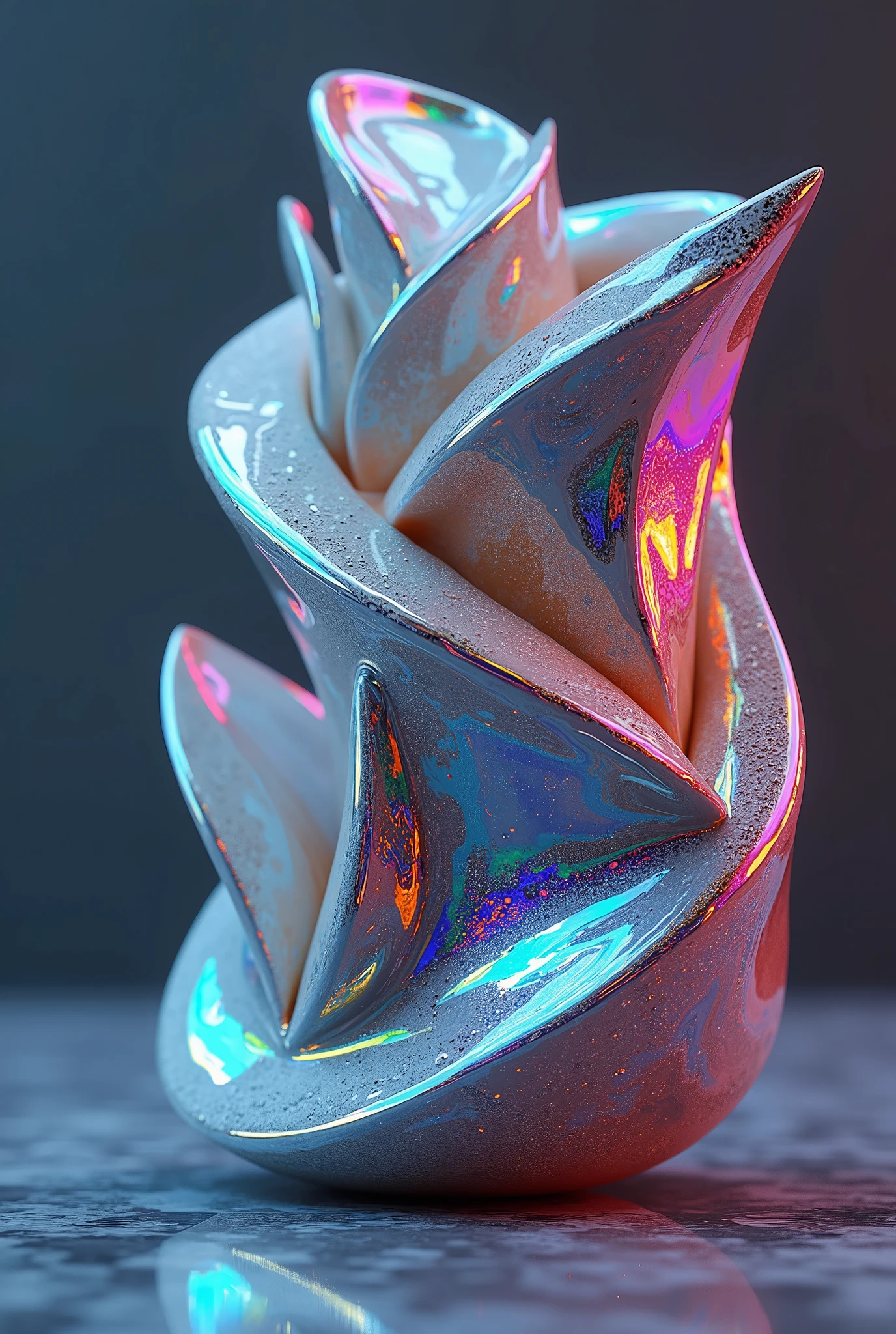 A highly realistic, modern ceramic piece, featuring intricate and beautiful patterns with a contemporary design. The surface is adorned with iridescent colors that shift and shimmer in the light, creating a mesmerizing effect. The ceramic has a glossy, polished finish, with reflections that highlight the exquisite details. The modern design blends sleek lines with dynamic shapes, and the colors appear to dance across the surface, changing hues as the angle of light shifts, giving the piece a vibrant and cutting-edge quality. The overall effect is both elegant and captivating, with a sense of futuristic beauty.