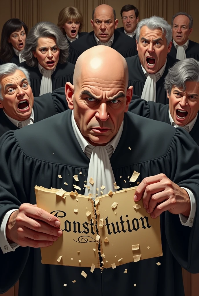 A bald judge with an angry face tearing with both hands a book that has the title on its cover written constitution, in the back there are 10 judges with faces that express fear, one of them is a woman with gray hair.