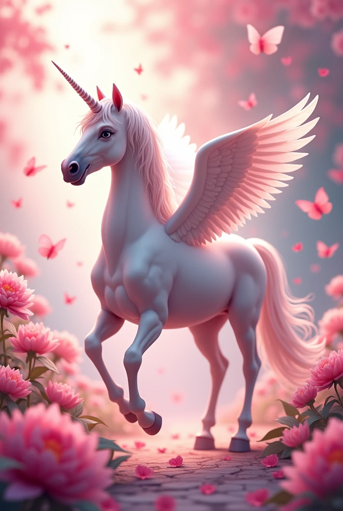 Make me a unicorn with wings walking and a pink garden in the background and butterflies flying 