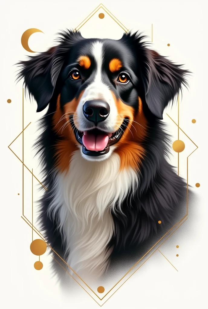 "Create a pet portrait where the dog’s image is overlaid with simple, golden geometric shapes, such as circles, triangles, or hexagons. The background should be a clean, white or black canvas to emphasize the golden shapes. The geometric overlay should add a modern, luxurious touch while maintaining simplicity."