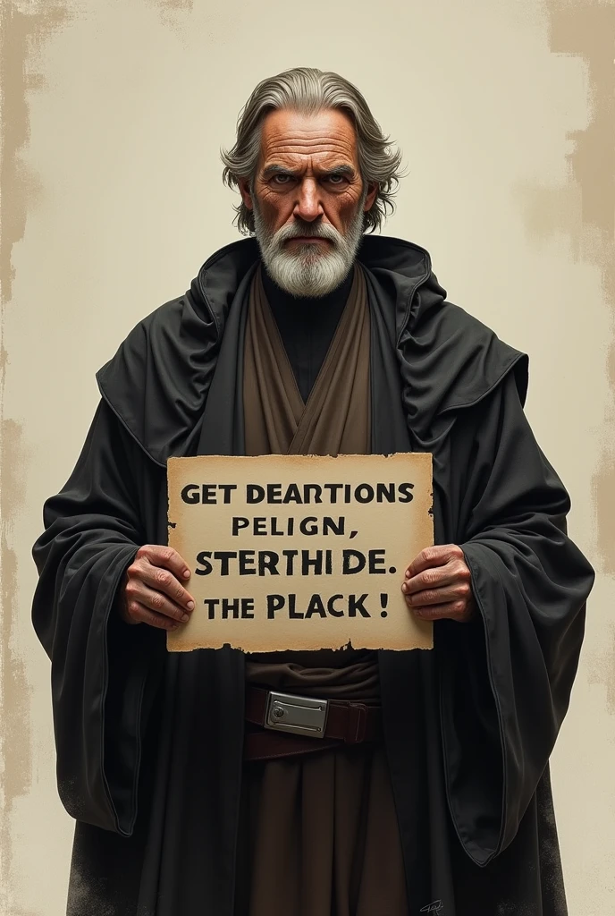 Obi Wan wearing black robe holding sign that reads Michelle Obama has a dick
