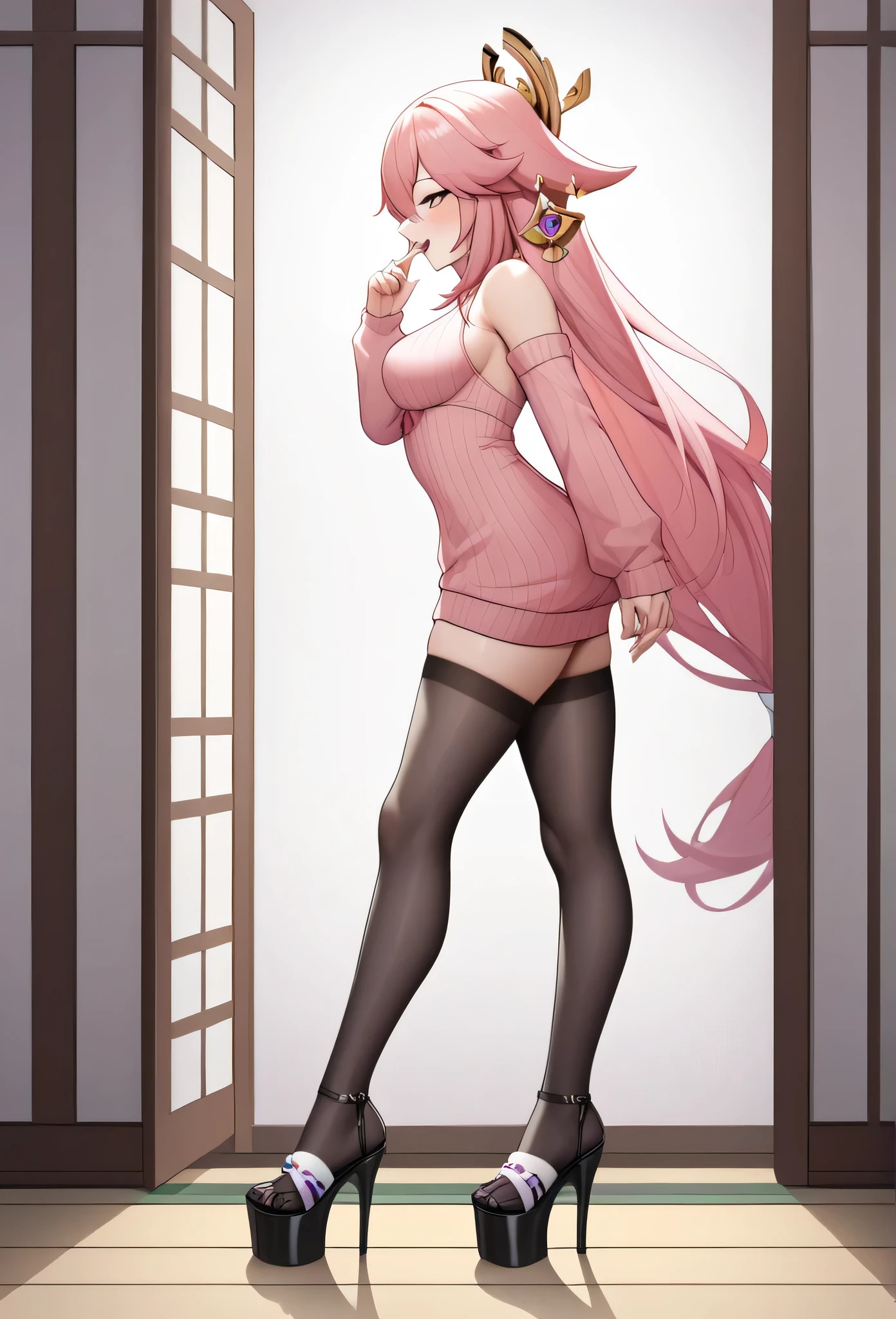 score_9,score_8_highly,score_7_highly,Bachong, alone, finger_To_mouth shut, Pink_chemise, Pink_theme, plain_backdrop, 1 girl, long_sleeve, open_mouth shut, pleated_Rock, breasts, seek_at_Toschauer, Pink_sweater, White_backdrop, White_chemise, Pink_Ribbon, sleeve_Past_wrists, highres, most absurd, sleeveless_sweater, hole body, body from side, black nylon stockings, Platform High Heels