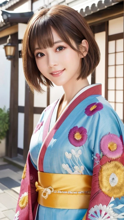 (8k, RAW Photos, Highest quality:1.2), (reality, reality的:1.4), (非常に詳細な8kwallpaper)、Sharp focus, Cinema Lighting, 細部までBeautiful Eyes, Asymmetrical bangs, Glowing Skin, Highly detailed skin ,High resolution, Attention to detail, Detailed hairstyle, Detailed beauty face, Hyper Real, Perfect limbs, Perfect Anatomy ,1 Japanese girl,Famous idols of Japan, Perfect female body,smile,short eyelashes,double eyelid、Look straight here,Stand up straight and face me, whole body ,,look straight at me,Streets of Europe、Tabletop、wallpaper、reality的、Bright lighting、Professional Lighting、Face Light Smooth Lighting、Japanese women、Beautiful woman、action、gravure、Sexy、so beautiful、Beautiful Skin、Beautiful and detailed、Detailed face、slim、moderately、((short hair))、((Brunette Hair))、Brown eyes、Looking into the camera、Small Bust、Pretty face,, smile, Hot spring background for hot spring inn, 超High resolution, Backlight, Top-down angle,whole body、Accurate 5 fingers, software , Bony body, Japanese women, One person, Perfect body, 超Detailed face, Detailed lips, Beautiful Eyes, double eyelid, Light brown hair, Asymmetrical hair, Asymmetrical bangs, Messy Hair,(High-quality yukata in vibrant colors:1.3), (Gorgeous embroidered kimono:1.3)