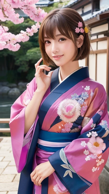 (8k, RAW Photos, Highest quality:1.2), (reality, reality的:1.4), (非常に詳細な8kwallpaper)、Sharp focus, Cinema Lighting, 細部までBeautiful Eyes, Asymmetrical bangs, Glowing Skin, Highly detailed skin ,High resolution, Attention to detail, Detailed hairstyle, Detailed beauty face, Hyper Real, Perfect limbs, Perfect Anatomy ,1 Japanese girl,Famous idols of Japan, Perfect female body,smile,short eyelashes,double eyelid、Look straight here,Stand up straight and face me, whole body ,,look straight at me,Streets of Europe、Tabletop、wallpaper、reality的、Bright lighting、Professional Lighting、Face Light Smooth Lighting、Japanese women、Beautiful woman、action、gravure、Sexy、so beautiful、Beautiful Skin、Beautiful and detailed、Detailed face、slim、moderately、((short hair))、((Brunette Hair))、Brown eyes、Looking into the camera、Small Bust、Pretty face,, smile, Hot spring background for hot spring inn, 超High resolution, Backlight, Top-down angle,whole body、Accurate 5 fingers, software , Bony body, Japanese women, One person, Perfect body, 超Detailed face, Detailed lips, Beautiful Eyes, double eyelid, Light brown hair, Asymmetrical hair, Asymmetrical bangs, Messy Hair,(High-quality yukata in vibrant colors:1.3), (Gorgeous embroidered kimono:1.3)