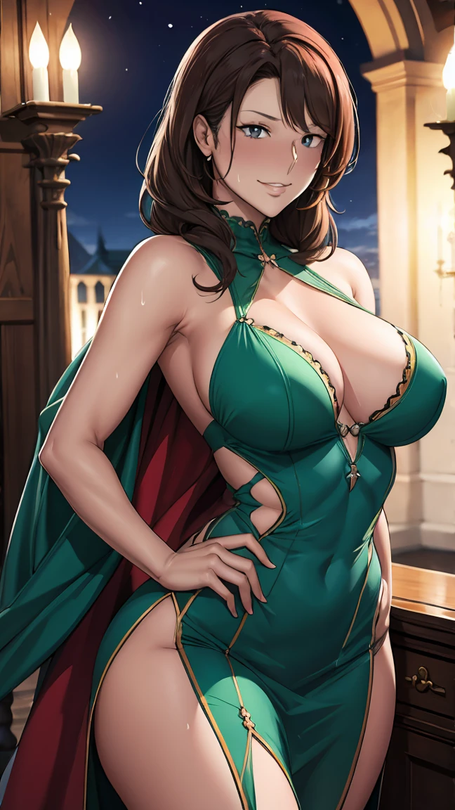 Queen green dress with very generous cutouts, Mother-milf, A gentle mature expression, Medium length dark brown hair, Love is shining and sweating is sexy.:1.2, Stilletto Queen High Heels, ((midnight)), (at isekai-fantasy castle hall at midnight), Sassy woman, Cell style anime, best quality, high resolution, 1 girl, Inspired by ntrman&#39;s work: The Goblin-Adopting Queen, (Have a full chest), The swaying chest:1.1, Create content, Big thick arms, Beautiful face, Medium length hair in sweet beige brown:1.1, Half eye cap, Light-colored students, A light, motherly smile, [Mother&#39;s face], Beautiful long legs, beautiful body, The shape of a mother who has had extremely difficult fertility, Beautiful nose, Beautiful character design, smooth, purple eyes, ((bushy pubic hair:1.25)), Sitting on the queen&#39;s throne with legs spread apart:1.35, (My arms swing my hair seductively:1.1), (look at viewer), cowboy shoot, Full-length frontal photograph:1.1, -automatic