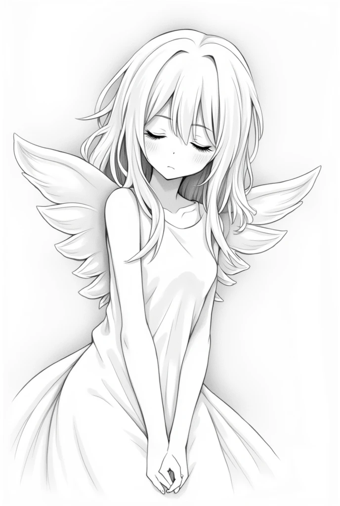 sleepy anime girl angel black and white sketch