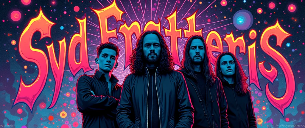 A poster of a psychedelic rock metal band called Syd Fratteris but I want it to have the name of the band with psychedelic letters