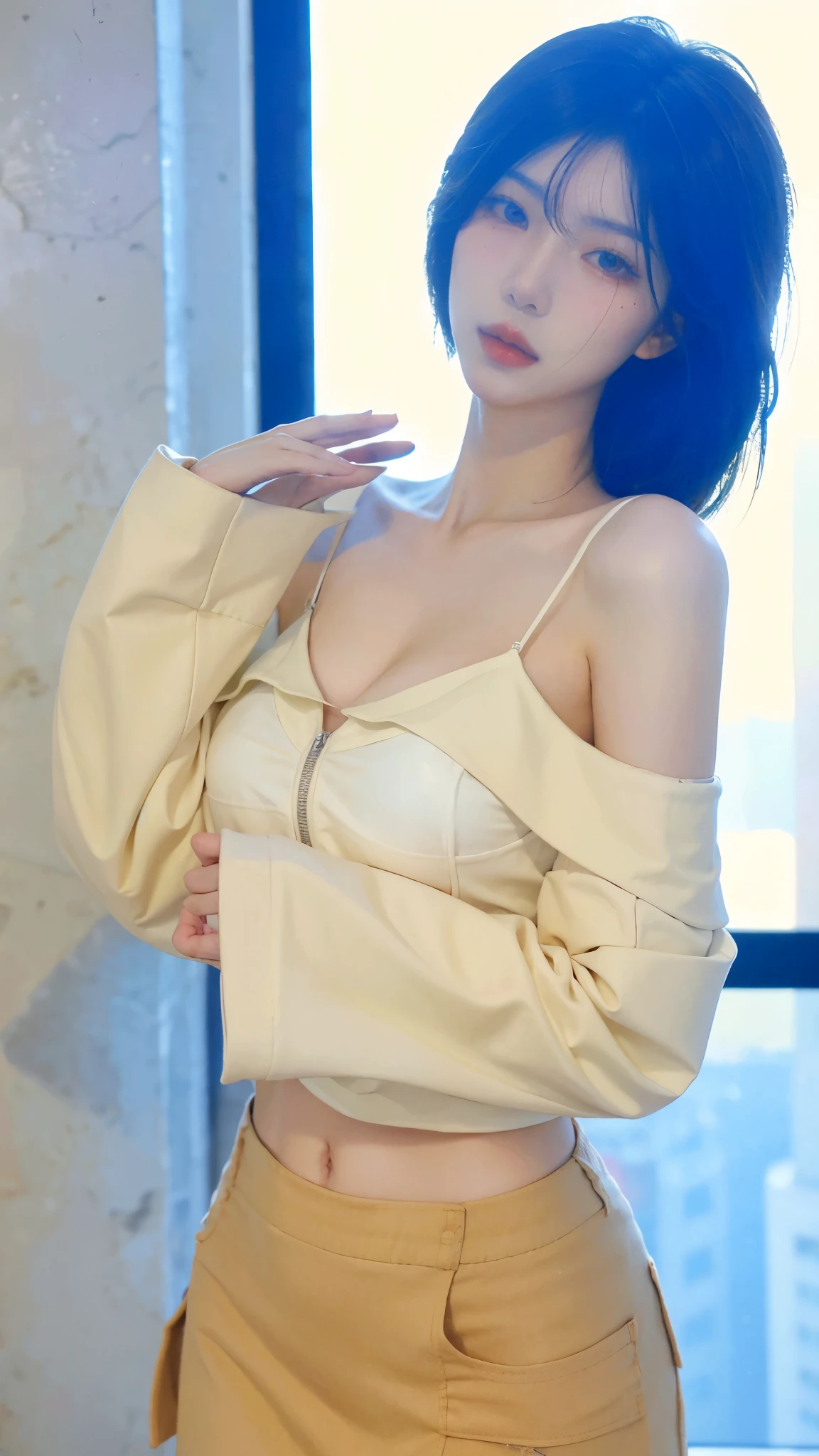 Beautiful woman with perfect figure:1.4,snow,Touching butt with both hands,snow background,Layered Hairstyle,White skin,Prominent cleavage,Pleated Skirt,whole body,Very delicate face and skin texture,Double eyelids,Skin Whitening,Long white hair