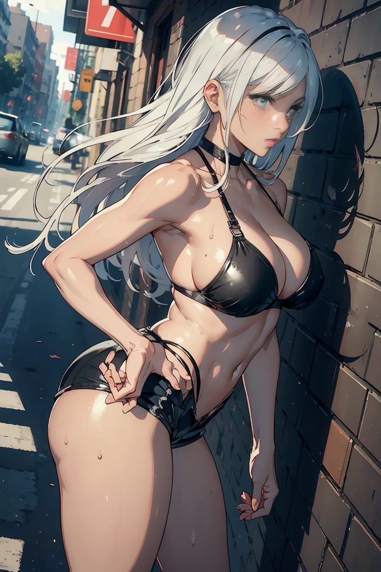 (masterpiece), best quality, perfect face, silver hair, long hair, short leather shorts, dirty bikini, , buttom, front view, thick legs, fitness, sweat, breast, street, ((side view))