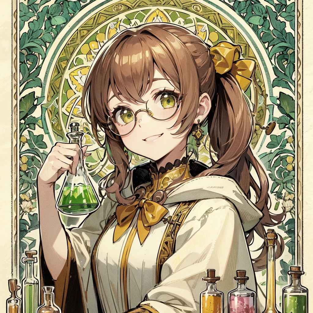 absurdres, best quality, fine detailed, 8k, 1girl, Brown hair, green eyes, ponytail, white gothic fantasy robe, yellow ribbon, smile, ribbon hair ornament, glasses, earrings, hood, yellow collar, beaker, flask, laboratory equipment, Mucha style frame background, arabesque pattern, plants