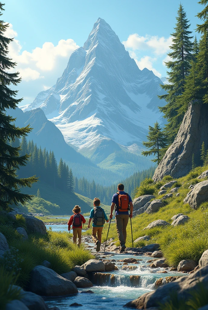 Real looking family walking in the mountains