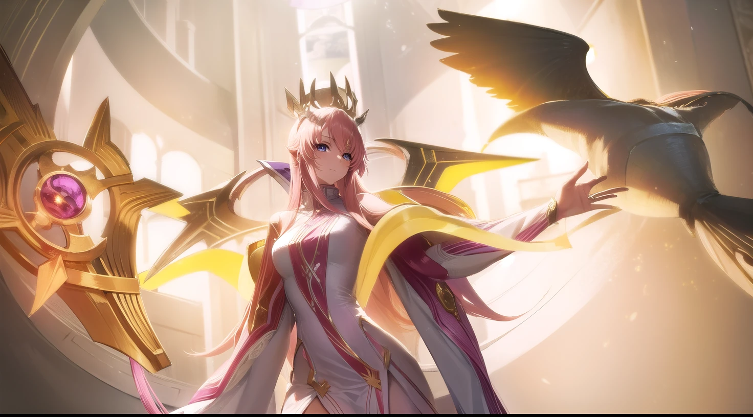 lacusclyne, lacus clyne, (purple eyes:1.1), hair ornament, long hair, wave hair ornament, pink hair, smile,
BREAK dress, long dress, white dress, long sleeves, white sleeves, frills frilled skirt, frilled sleeves, detached sleeves, bare shoulders, purple skirt, purple frills,
BREAK looking at viewer, (cowboy shot:1.5),
BREAK outdoors, space, star \(sky\), sun,
BREAK (masterpiece:1.2), best quality, high resolution, unity 8k wallpaper, (illustration:0.8), (beautiful detailed eyes:1.6), extremely detailed face, perfect lighting, extremely detailed CG, (perfect hands, perfect anatomy),