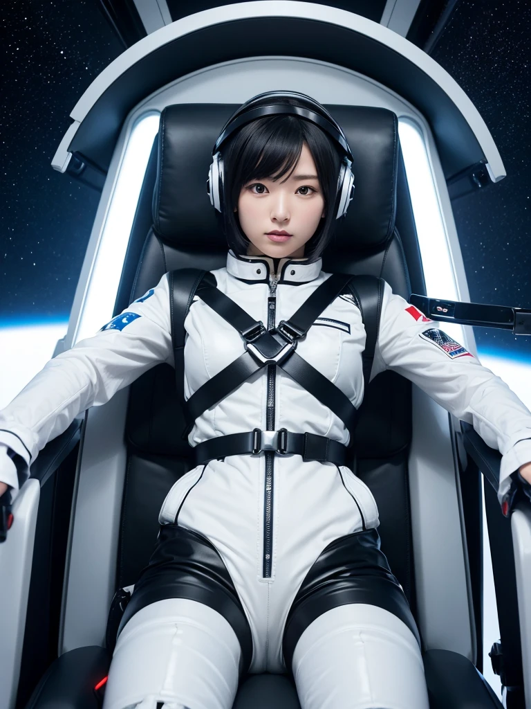 Japanese female android,Black Hair,Space capsule,The person is completely secured in the seat with the backrest reclined by a thick harness belt.,Plump,Spread your legs,Squat,Shiny white robot suit,Surrounded by switches and monitors,Helmet,