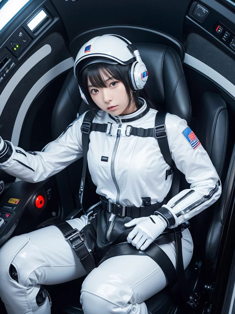 Japanese female android,Black Hair,Space capsule,The person is completely secured in the seat with the backrest reclined by a thick harness belt.,Plump,Spread your legs,Squat,Shiny white robot suit,Surrounded by switches and monitors,Helmet,
