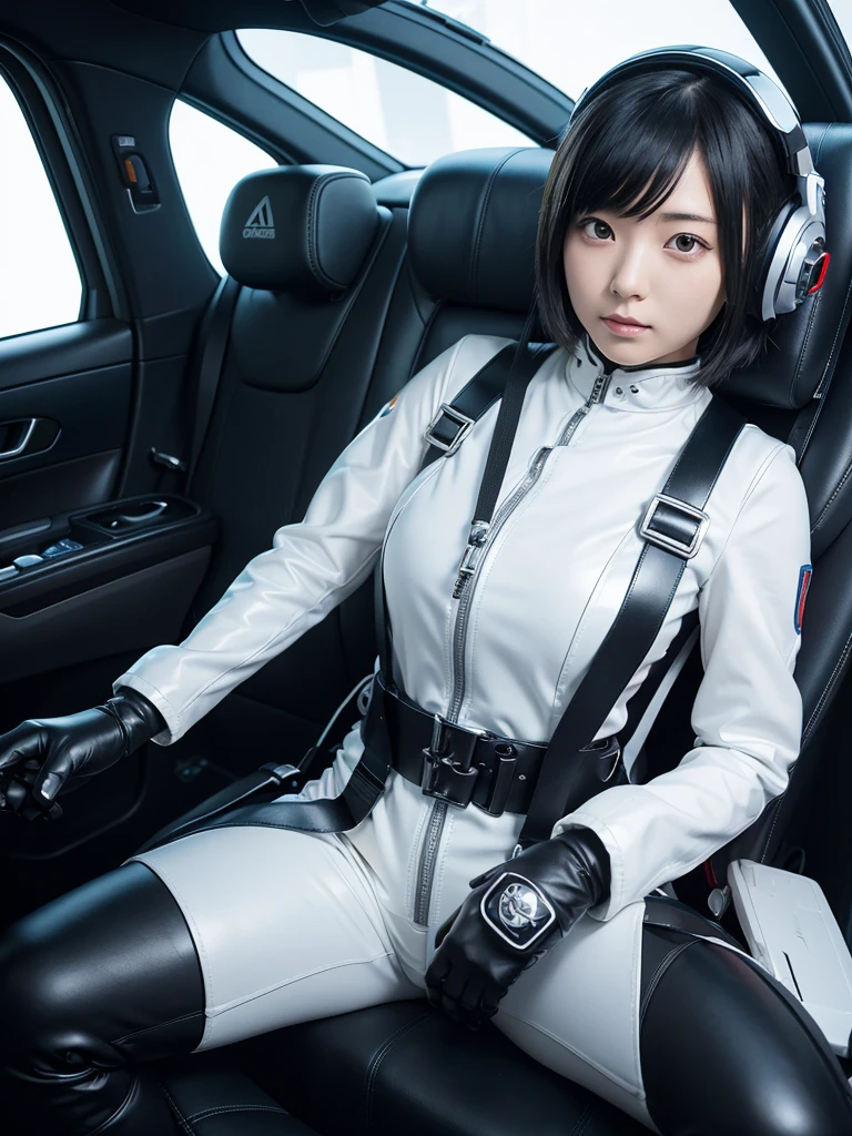 masterpiece, Highest quality, Very detailed, Japanese Android girl,Plump,Slightly thicker,Control panel,Android,cyborg,Blunt bangs,Sitting in the cockpit,Red combat uniform,Black harness belt,Helmet