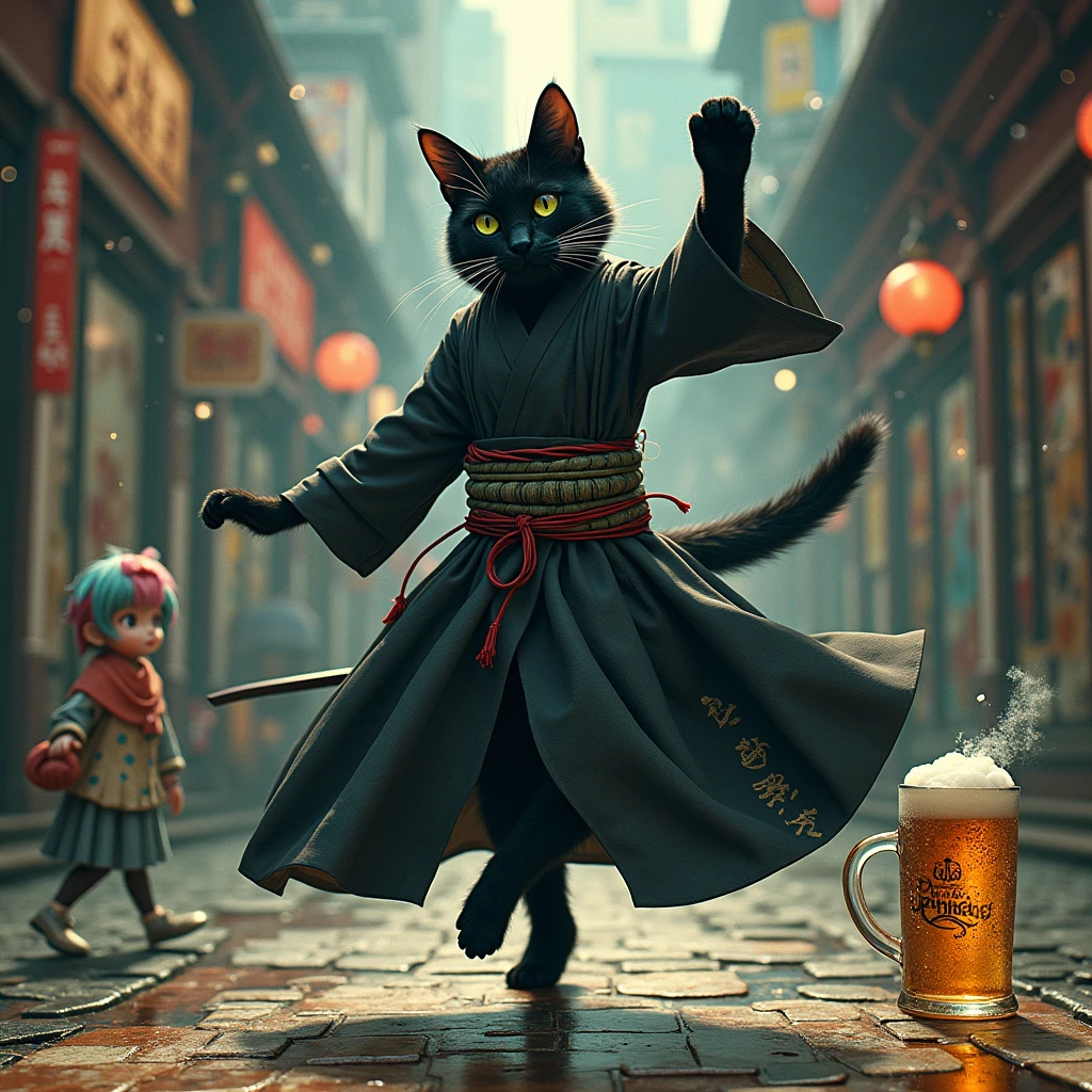 (masterpiece photo realistic, octane-render):1.4, Hannah Hoech, The Dancing Black Cat, The black cat samurai pioneered an era of world-traveling culture through photomontage, collage, mixed media, and (beer:1.33). (a photo of Carlsberg, the highest quality beer. A filled jug):1.21, and filled beer mug:1.21, CANON RF28-70 mm F/2.0 LUSM, blue hour ice camera photography ,double exposure prism, And a cute anime_girl, (detailed green eyes, jet-black long hair, colored inner green ombre hair multicolored hair,antenna hair):1.21,BREAK, effect: fluffy bubbles:1.46, ethereal lighting, (dim light, ray tracing, Faintly emerge from the darkness):1.3,