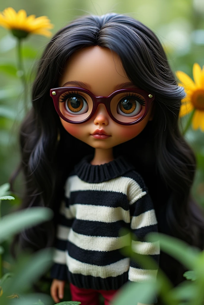blythe doll , long wavy black hair, with maroon-colored glasses , light brown skin , black and white striped sweater , In nature.