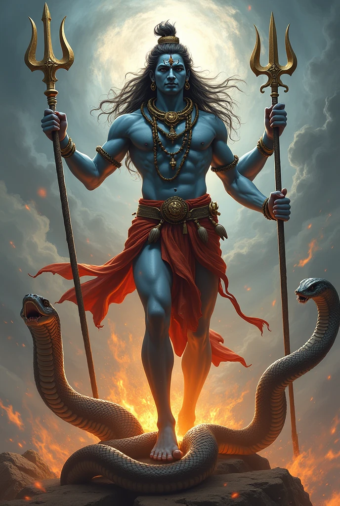 Angry shiv bhagwan with his trishoool with flying moment with cobra, in one hand trishool, second hand damru, third hand earth, fourth hand sankh stone