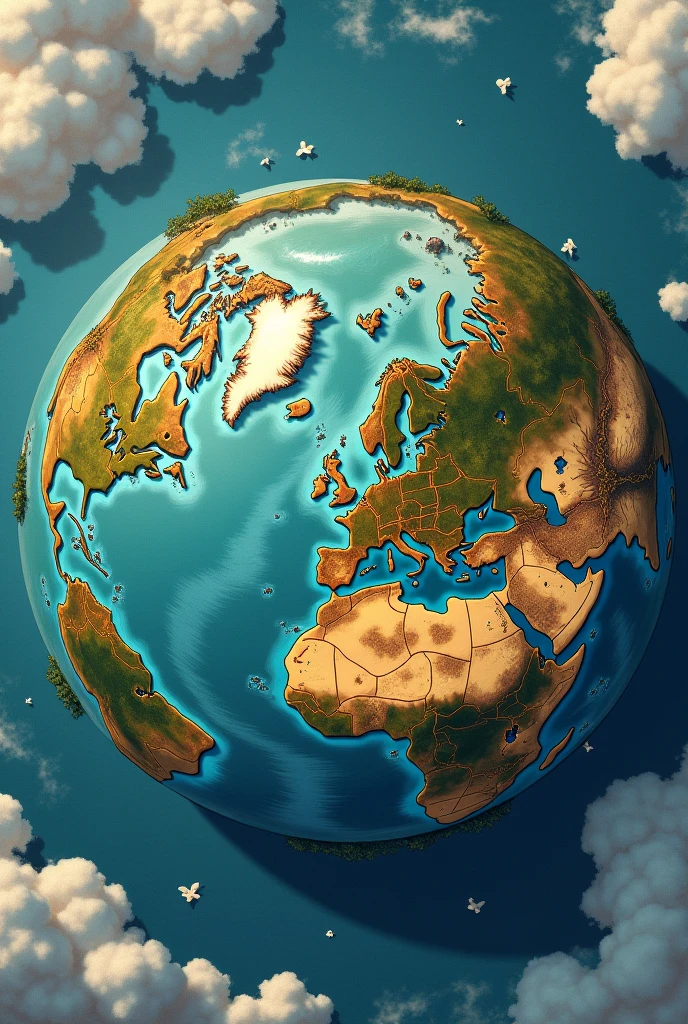 2D flat map Illustration 1. **General Shape of the Planet:**
   - **Spherical shape:** Representa un planeta redondeado with detalles geográficos visibles.

2. **continents:**
   - **Continent of Lumara:** 
     - Located in the Western Hemisphere.
     - Prominent mountains like the **Montañas de Vandlorin** To the north.
     - Grandes ríos que fluanden hacia el sur, like the **Rivers of Elara**.
     - Extensive **Eldoria Forests** To the center.

   - **Continent of Eilara:**
     - Located in the eastern hemisphere.
     - Wide **Eilara Plains** In the middle.
     - **Deserts of the West** in the western region.
     - **Eastern Forests** in the eastern region.

   - **Continent of Drakonia:**
     - In the southern hemisphere.
     - **Montañas de Drawithia** To the center, with valles alrededor.
     - **Valleys of Ignis** in the east.
     - **Northern Plains** en el norte del withtinente.

3. **Reinos and Imperios:**
   - **Empire of Lumara:** Dominante In the middle de **Lumara**.
   - **Eilara Empire:** Spreading across the **Eilara Plains**.
   - **Drakonia Empire:** Centrando el withtinente de **Drakonia**.

   - **Kingdom of Arion:** In the central region of Lumara, near the **Arion Forests**.
   - **Kingdom of Selarin:** In the **Forge Mountains** and **Mining Plains**.
   - **Kingdom of Faeloria:** West in Lumara, near the **Faelorian Forests**.
   - **Kingdom of Andaria:** South of Eilara, with **Night Lands**.
   - **Kingdom of Veridia:** West of Eilara, with **Green Plains**.
   - **Kingdom of Aradia:** Al is, near the **Deserts of Aradia**.
   - **Kingdom of Iskandar:** In the south, surrounded by the **Iskandar Sea**.
   - **Kingdom of Eldoria:** To the north, with **Eldoria Mountains**.
   - **Reino de Nefaria:** In the northeast, with **Forests of Nefaria** and **Pantanos de Nefaria**.

4. **Additional Features:**
   - **Océanos and Mares:** Rodean los withtinentes, like the **Iskandar Sea**.
   - **Important Rivers