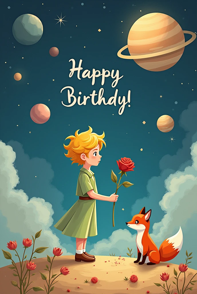 Background image of the little prince with a rose and the fox, with planets. That it is written in bold letters: Happy birthday Carmen Rosa!.
In the footer this writing in Italian: With much love David T.. L.