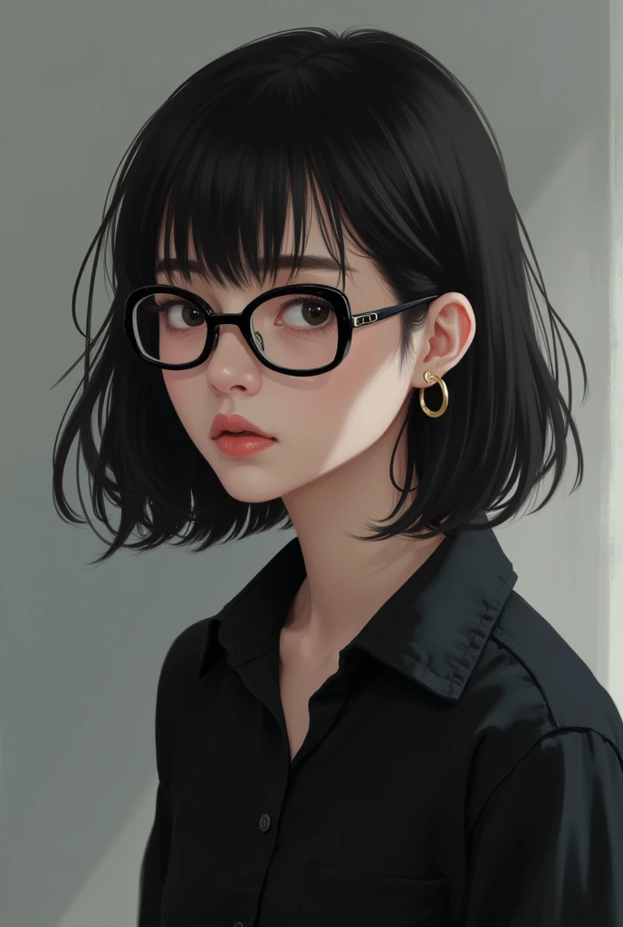 a woman with skin-colored bangs with black hair and wearing a black shirt and glasses