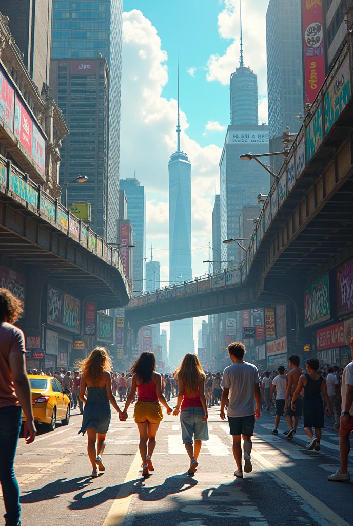 In this very metropolis, We see the city with its large buildings and skyscrapers, graffitied bridges and traffic, as well as people dancing in the streets