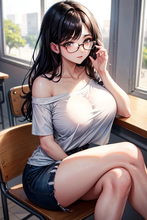 ((best quality)), ((masterpiece)), (detailed), 1girl, off-shoulder t-shirt, big boobs , black hair, cute face, glasses, sitting on the classroom, white t-shirt