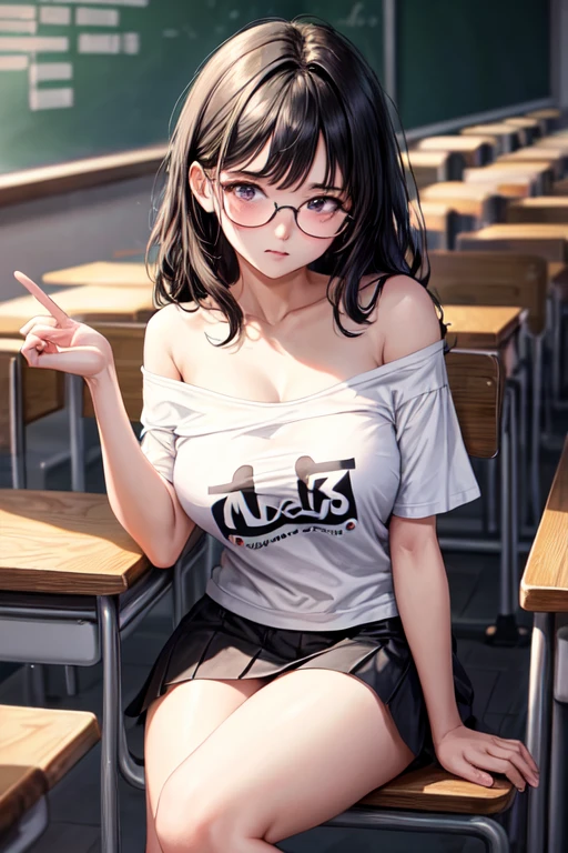 ((best quality)), ((masterpiece)), (detailed), 1girl, off-shoulder t-shirt, big boobs , black hair, cute face, glasses, sitting on the classroom, white t-shirt 