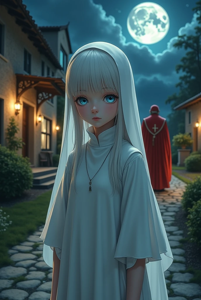 Young albino girl with long white hair, angelic appearance, From the Middle Ages, realisitic, blue eyes white nun clothes, with a necklace, looks down in front of a carriage in a Villa at night with torches, with a red bishop behind details.