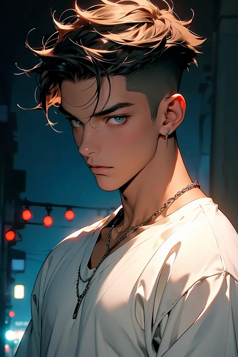 Highest quality, 8k, High-resolution images, Anime Style Jujutsu Kaisen, Fine strokes, Slightly tanned skin, Blurred, The purple light reflecting off, (Close Angle), 1 person, young, male, model, かっこいいmale, Muscular, Shaved body, smile, blue eyes, brown very short hair, Brown Hair, short hair, Hairstyle: undercut, I slicked my hair back., my chest is swollen, He is wearing a white T-shirt jacket, Link Chain, Black sweatpants, Hands in pockets, 金のLink Chain. background: city, 大都cityの通り