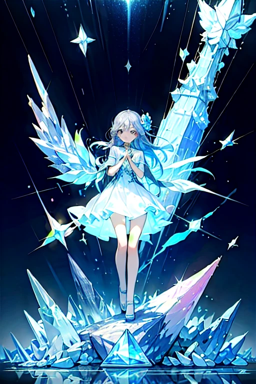 One beautiful woman、ephemeral、Silver Marble Skin、hope、Highest quality、bright、masterpiece、landscape、Magical atmosphere、blue、crystal flower、Extend your hand to the sky、pastel colour