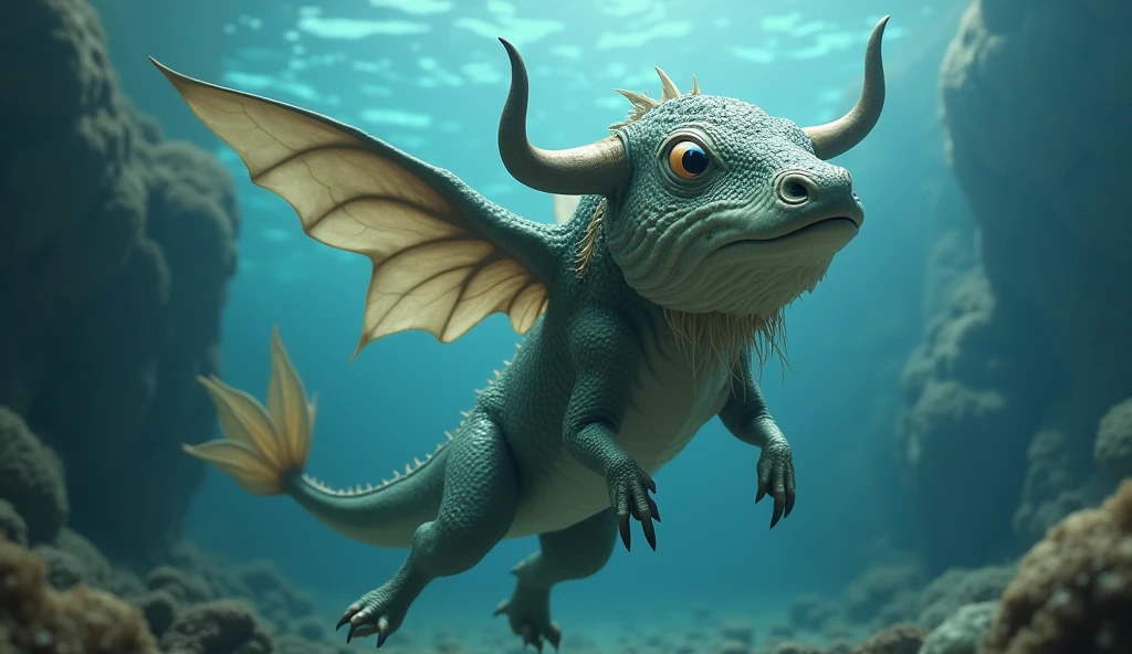 Front view，There is a creature growing underwater，It has the body of a fish, the head of a cow and the tail of a snake.，Wings growing from the ribs（best quality，4K，8k，High level，masterpiece：1.2），Ultra Detailed，（lifelike，Photo real，Photo real：1.37）