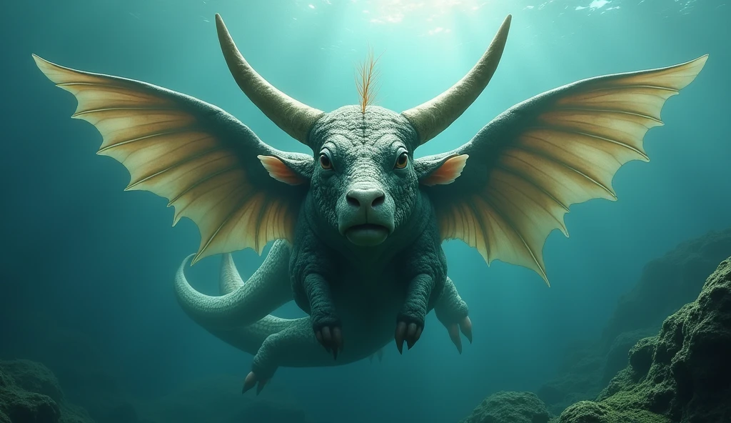 Front view,There is a creature growing underwater,It has the body of a fish, the head of a cow and the tail of a snake.,Wings growing from the ribs(best quality,4K,8k,High level,masterpiece:1.2),Ultra Detailed,(lifelike,Photo real,Photo real:1.37)