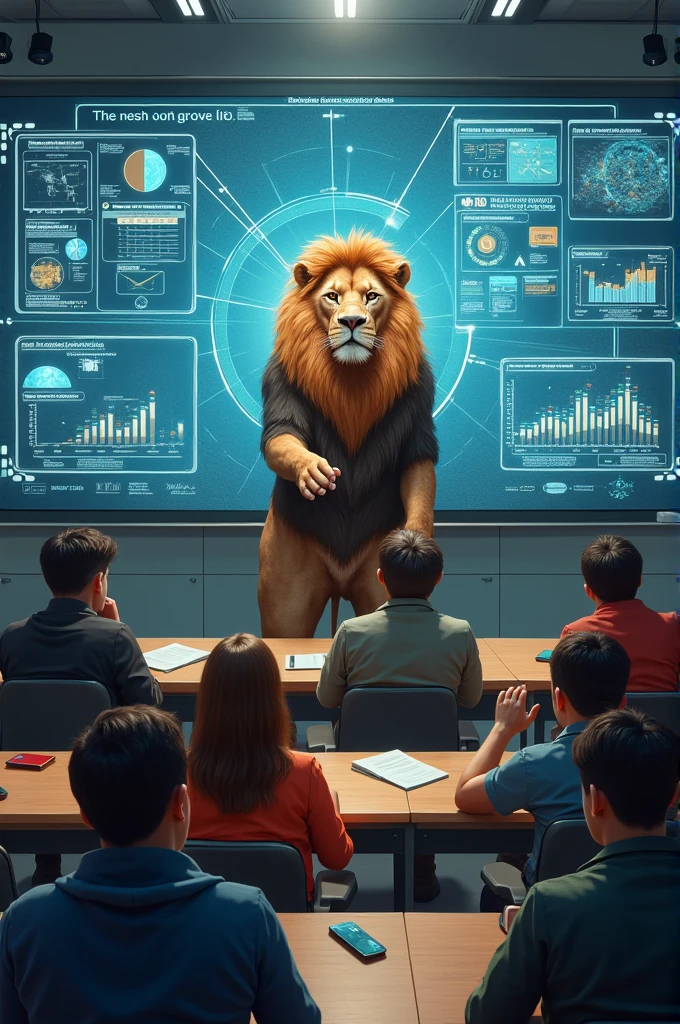 A classroom with digital board lion teach 30 college students 