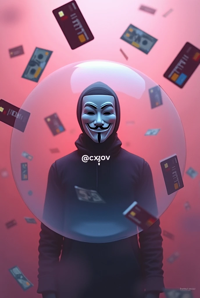 person with anonymous mask trapped inside a bubble and next to it written @crxgov inside the bubble. and in the background of the image a pink mist. Outside the bubble, some credit cards and card machines, along with money