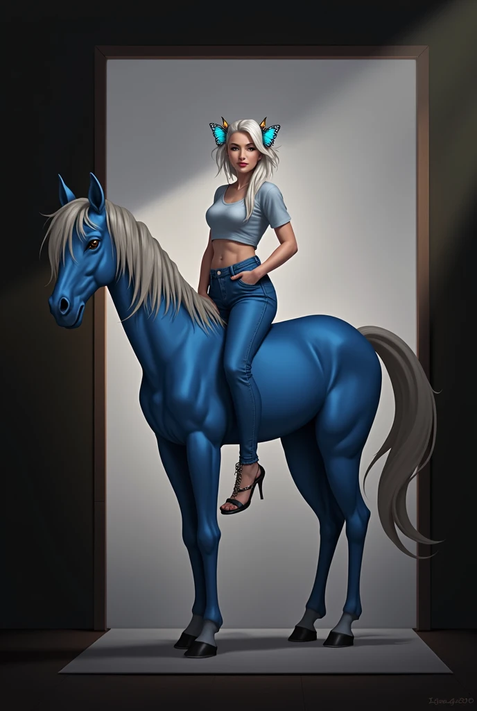 1Centaur Girl，Four-legged cowboy costume，Tall，Realistic style，Hands in pockets action，穿着Skinny jeans（(Skinny jeans: 1.6)）（Flesh-colored skin (Cynthia Sheppard),  Beautiful full body concept art, horse, smooth Fair and translucent skin, Pretty blue butterfly hair accessories and pale porcelain skin, Gu Weiss, Fair and translucent skin, Pale skin,,Ivory white skin, Light milky white porcelain skin，