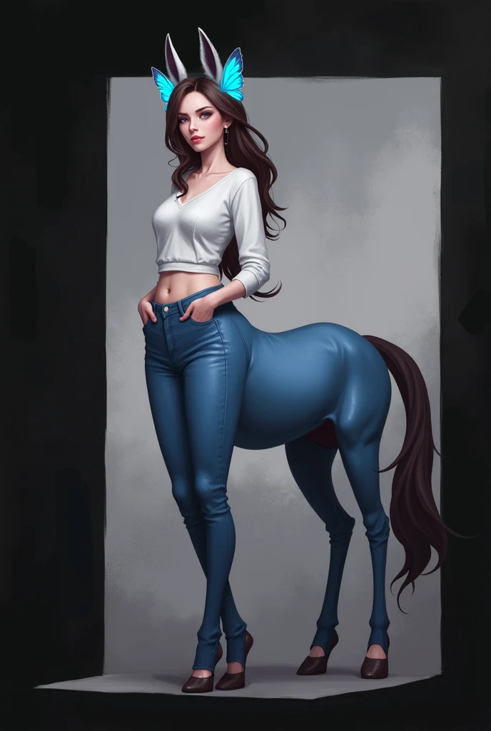 1Centaur Girl,Four-legged cowboy costume,Tall,Realistic style,Hands in pockets action,穿着Skinny jeans((Skinny jeans: 1.6))(Flesh-colored skin (Cynthia Sheppard), Beautiful full body concept art, horse, smooth Fair and translucent skin, Pretty blue butterfly hair accessories and pale porcelain skin, Gu Weiss, Fair and translucent skin, Pale skin,,Ivory white skin, Light milky white porcelain skin,