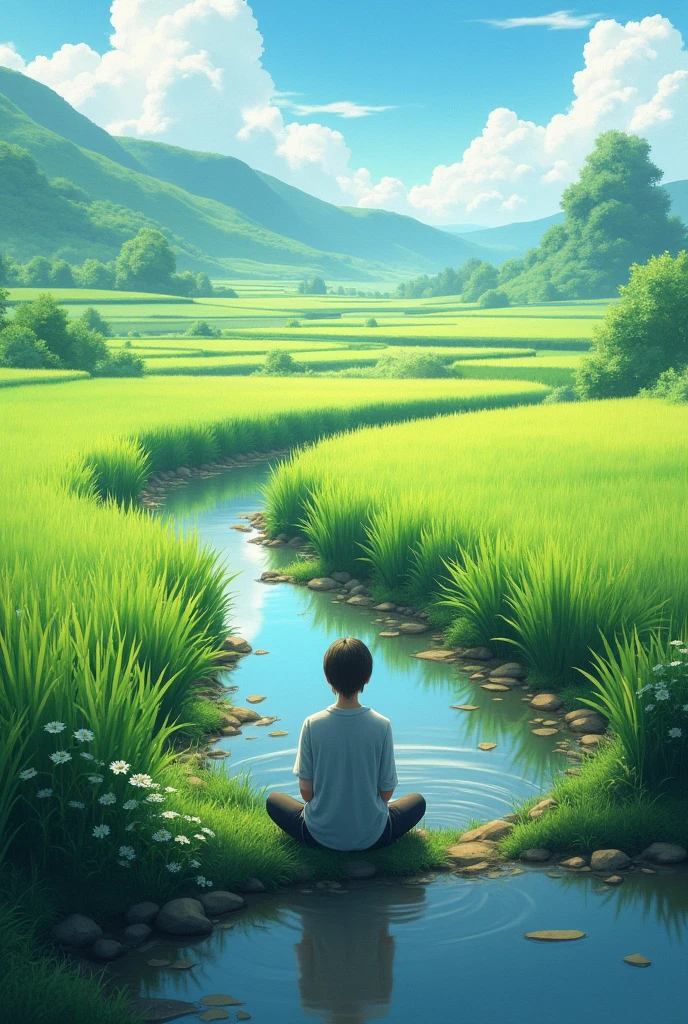 Calming the mind、countryside、stream、Rice field realistic