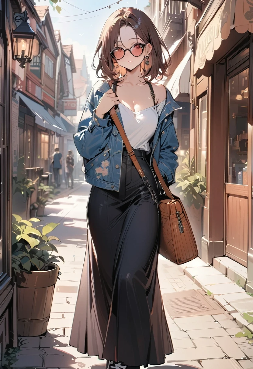 (masterpiece, best quality:1.5), (high resolution 8K), detailed eyes and face, detailed body, 
BREAK 1 girl, bob, center part, forehead, brown hair, piercing, brown eyes, medium breasts
BREAK Floral print long dress, denim jacket, sneakers, fringe bag, sunglasses, relaxed pose, 
BREAK in front of brick building or vintage-style shop, (SuperQuality:1.2)