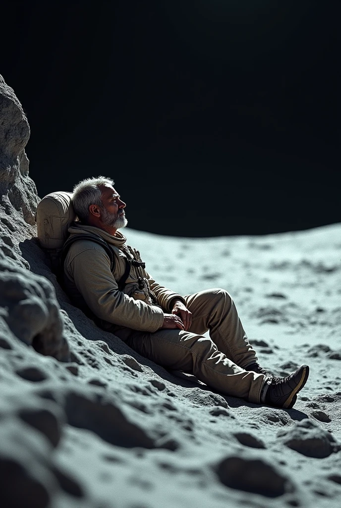 Man resting on moon, high resolution, ultra realistic image. Caption "dark side"