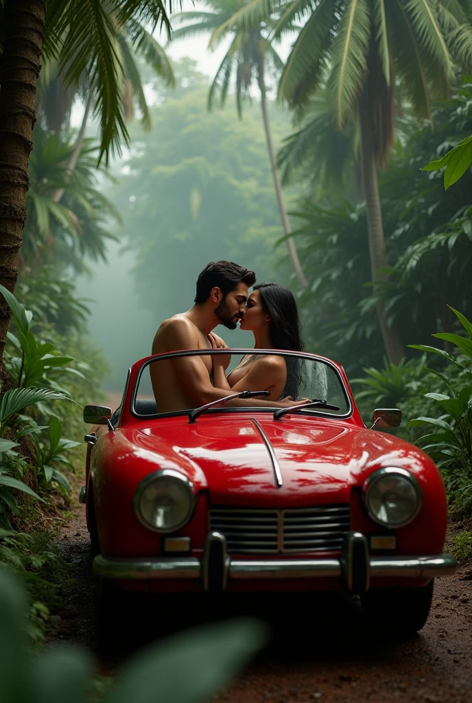 A girl and a boy making love in red car on a road in jungke 