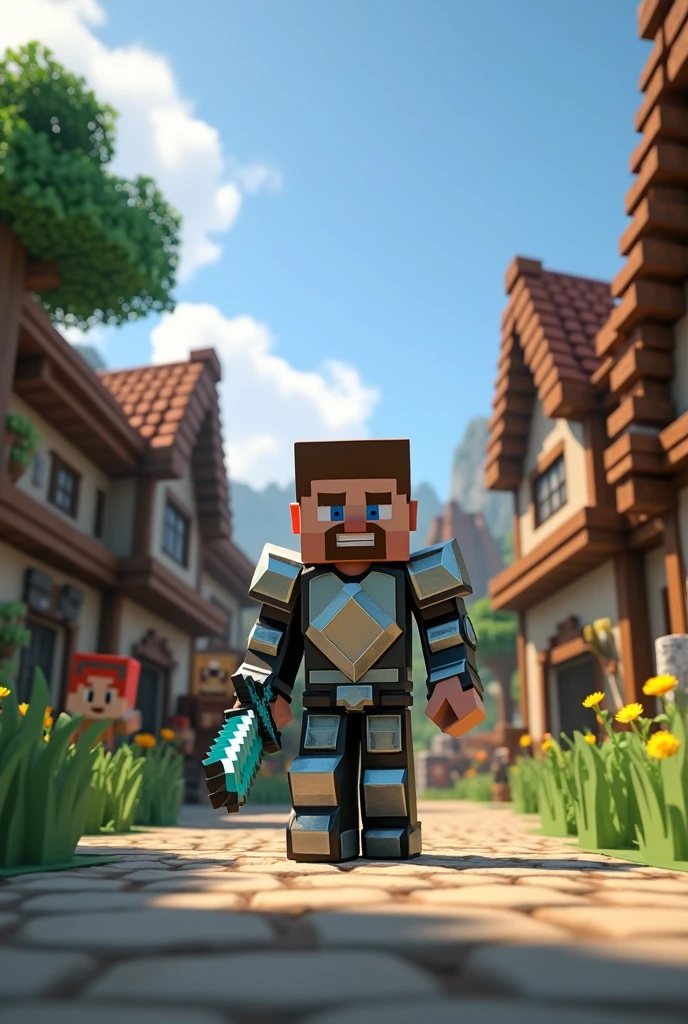 In a minecraft village background Steve in Diamond armour and a sword with villagers 16:9