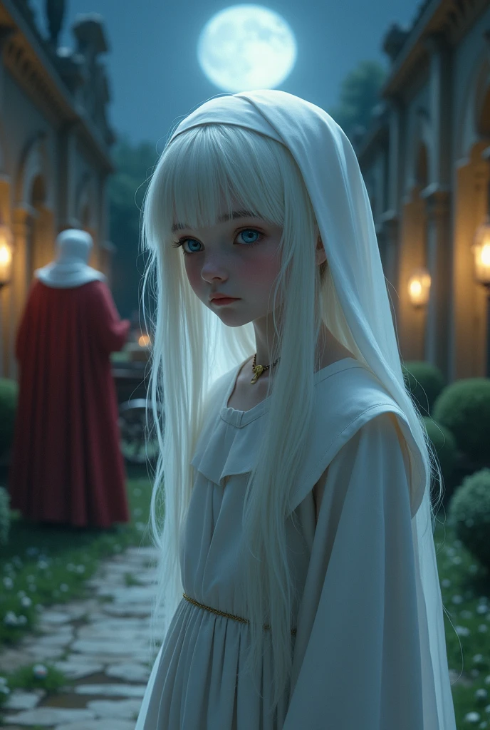 Young albino girl with long white hair, angelic appearance, From the Middle Ages, realisitic, blue eyes white nun clothes, with a necklace, looks down in front of a carriage in a Villa at night with torches, with a red bishop behind details.