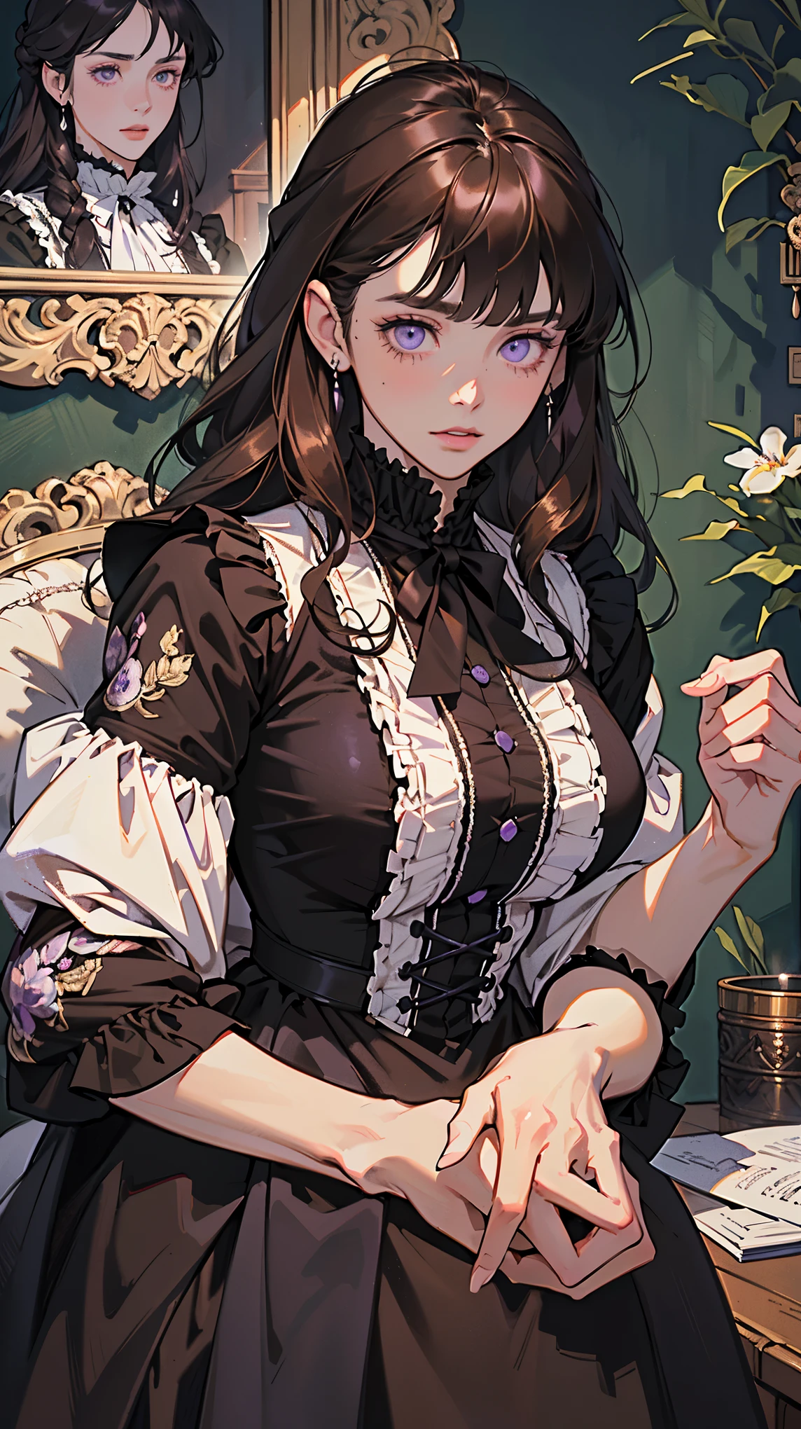 {(best quality, 8k, masterpiece, HDR, soft lighting, perfect image, digital illustration, manhwa art, hyper detailed image, perfect lines, realistic)} close-up shot of 1 very beautiful woman with long dark brown hair with bangs and violet eyes, wearing black modest Victorian dress with violet embroidery, (content expression), {(inside 1800s mansion background)}