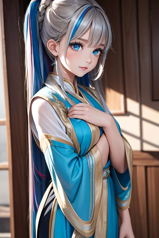 master piece,highres,4K.8k,Lifelike:1.5,Close-to-reality1.3,
Greige hair, ((highlights hair, Blue streaked hair:1.0)),topknot,
turquoise blue eyes,
glamorous,
eighteen years old,
BREAK,
traditional tai costume, Dressed in traditional costume, Blue tunic and robe, wearing real clothes, Traditional Costume, design made with love,