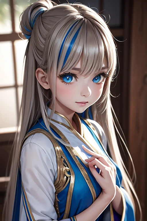 master piece,highres,4K.8k,Lifelike:1.5,Close-to-reality1.3,
Greige hair, ((highlights hair, Blue streaked hair:1.0)),topknot,
turquoise blue eyes,	
glamorous,
eighteen years old,
BREAK,
traditional tai costume, Dressed in traditional costume,  Blue tunic and robe, wearing real clothes, Traditional Costume, design made with love, 